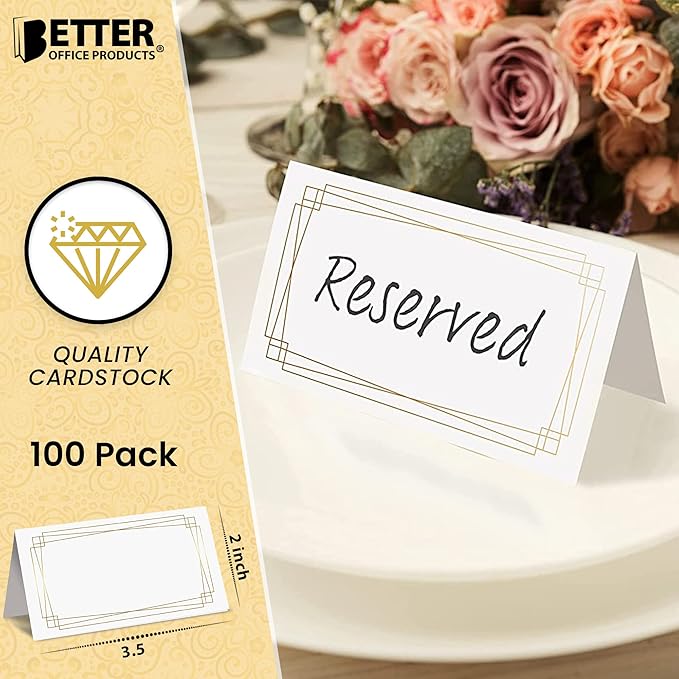 Better Office Products 100 Pack Place Cards, 2 x 3.5 in, White with Modern Metallic Gold Geometric Border, Folded Table Tent Cards for Weddings, Dinner Parties, Buffet Banquets,(100 Count)
