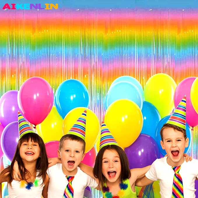 4 Pack 3.2Ft x 9.8Ft Macaron Rainbow Foil Fringe Curtain Backdrop, Foil Fringe Streamers Curtains for Party, Photo Booth Props, Birthday, Wedding, Christmas Party Decoration Supplies