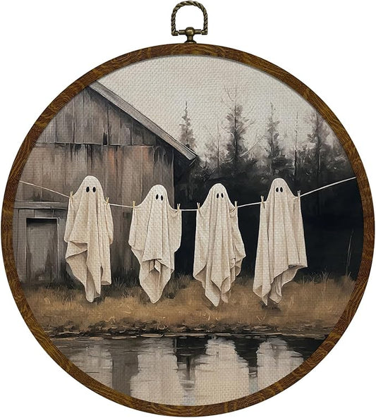 Funny Halloween Ghost Round Wall Art,Gothic Canvas Wall Hanging Decor, Spooky Farmhouse Vintage Round Wall Art for Bedroom Living Room Entryway, Rustic Ghost Gothic Wall Decor,Gift for Halloween10x10Inch(Dark-Ghost04)