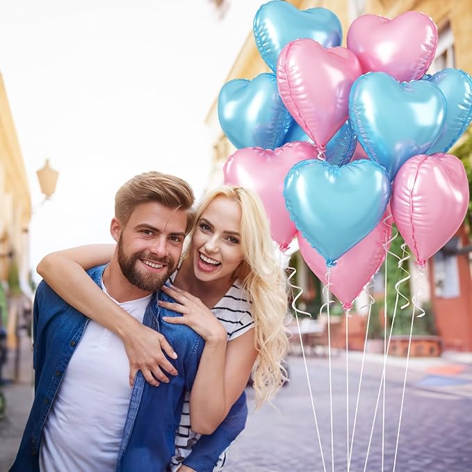 Pink Blue Heart Balloons, 18 Inch Pastel Blue Pink Foil Heart Balloons Pearl Pink Blue Heart Shape Mylar Balloons Baby Blue and Pink Party Balloon for Baby Shower Gender Reveal Birthday