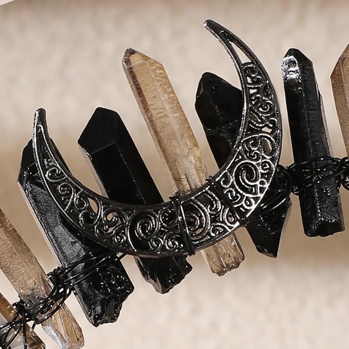 Witch Crystal Headband Crown for Women - Brown Black Fairy Moon Headpiece for Gothic Queen, Elf Circlet for Wedding Prom Quinceañera Pageant Bridal, Renaissance Halloween Headwear