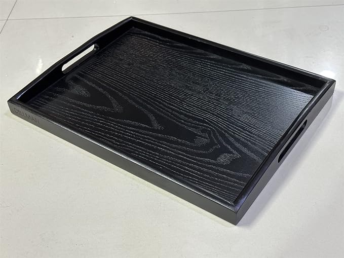 DILLMAN Serving Tray Large Black Wood Rectangle Food Tray Butler Tray Breakfast Tray with Handles (Small)