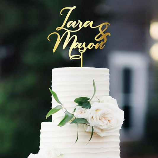 Personalized Wedding Cake Topper in Wood or Acrylic Custom Names of Bride and Groom Cake Topper Cake Decoration (Design 05)
