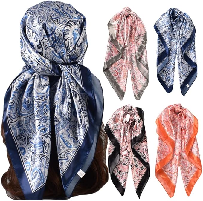 4Pcs Silk Head Scarves for Women Satin Hair Scarf 35”Large Square Bandana Silk Like Neck Scarf Shawl