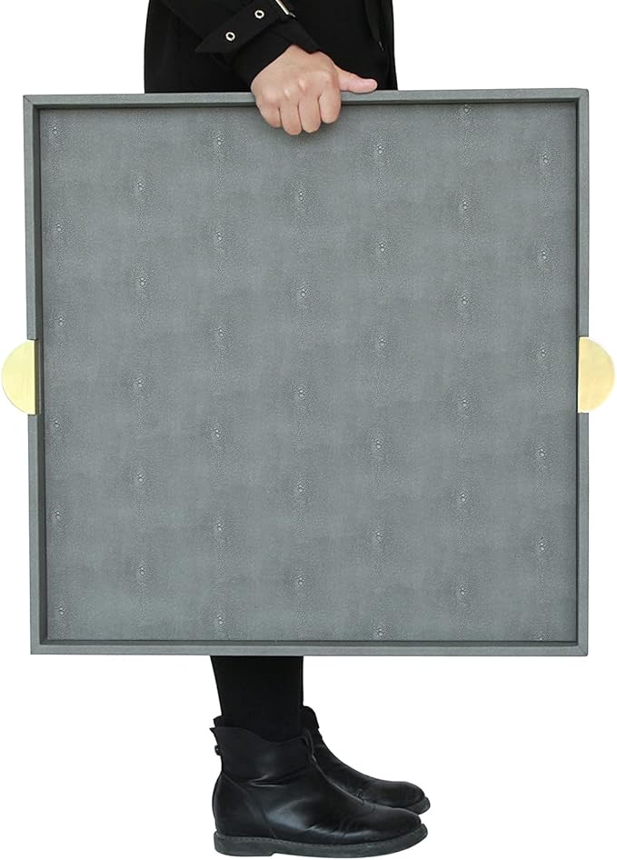 HofferRuffer Extra Large Square Serving Tray, Elegant Faux Leather Ottoman Tray with Gold Hardware Handles, Serve Tea, Coffee or Breakfast in Bed, 23.6 x 23.6 inches (Large Square)