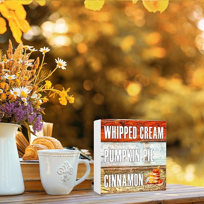 Funny Autumn Wood Box Sign Whipped Cream Pumpkin Pie Cinnamon Wooden Block Desk Decor for Home Office Kitchen Cubicle Table Shelf Tabletop,Farmhouse Fall Sign Decor