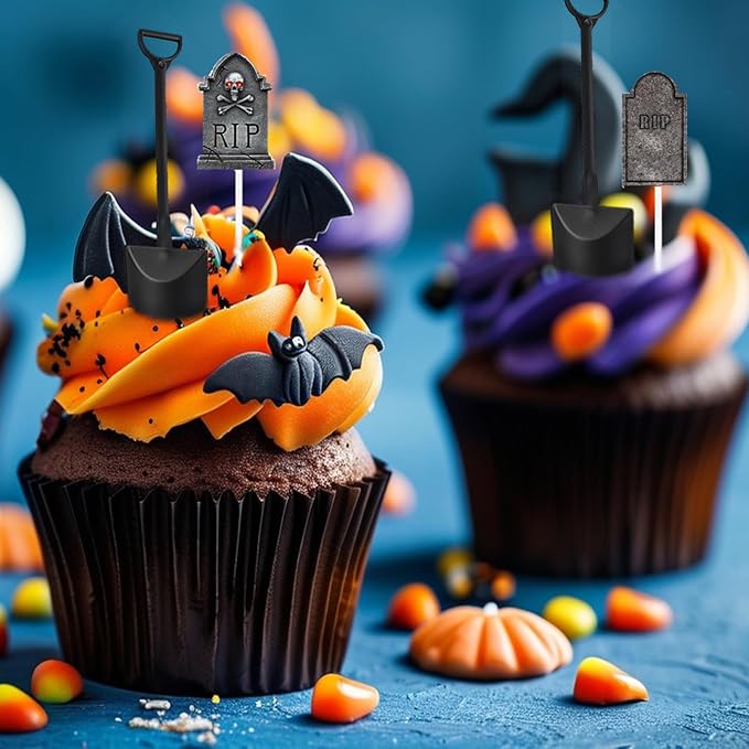 Halloween Cupcake Toppers Cake Decorations Tombstones Graveyard Skull Cupcake Toppers Pick Decor with Novelty Mini Shovel Spoons for Halloween, Birthday Party Decoration Supplies, 24 Pieces