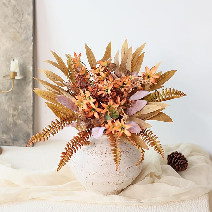 Artificial Greenery Stems Box Set for Fall Decor (Pack of 70pcs) with 8 Kinds of Faux Plants and Fake Flowers for Autumn DIY Wedding Bouquet Table Centerpieces and Floral Arrangement (Brown & Orange)