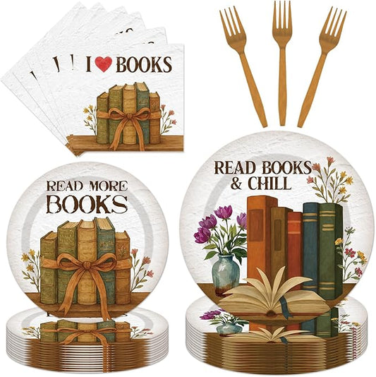 96 Pcs Vintage Book Theme Decoration Disposable Tableware Set - Book Club Birthday Party Paper Plates Napkins Forks Library Reading Birthday Baby Shower Party Supplies for Serve 24 Guests