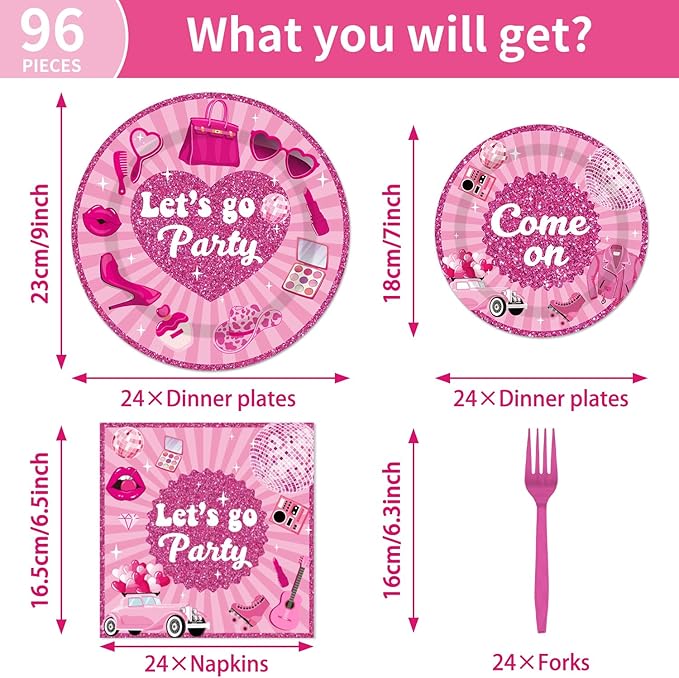 96PCS Let's Go Party Plates and Napkins Party Supplies Hot Pink Girls Party Decorations Baribe Themed Disposable Paper Tableware Set Serves 24 Guests