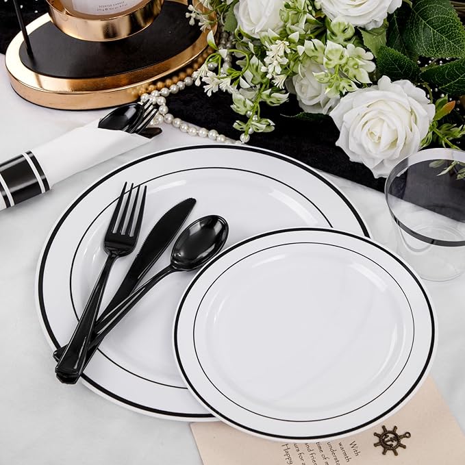 WELLIFE 210Pcs Black Plastic Dinnerware with Pre Rolled Napkins, Include:30 Dinner Plates, 30 Dessert Plates, 30 Paper Napkins, 30 Cups, 90 Plastic Cutlery