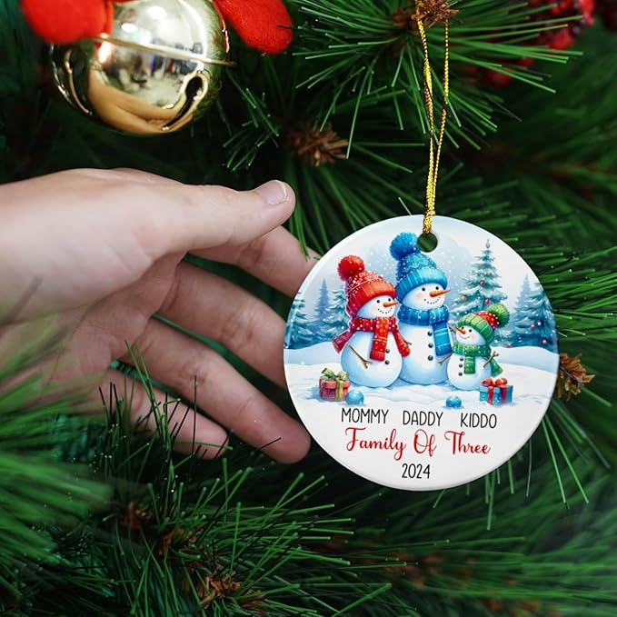 Personalized Snowman Family of Three Christmas Tree Ornament 2025, Dad Mom Baby Snowman Ceramic Ornament, 1st Xmas As a Family of 3 Ornament Gift, Custom Names Snowman Family Ornament Christmas