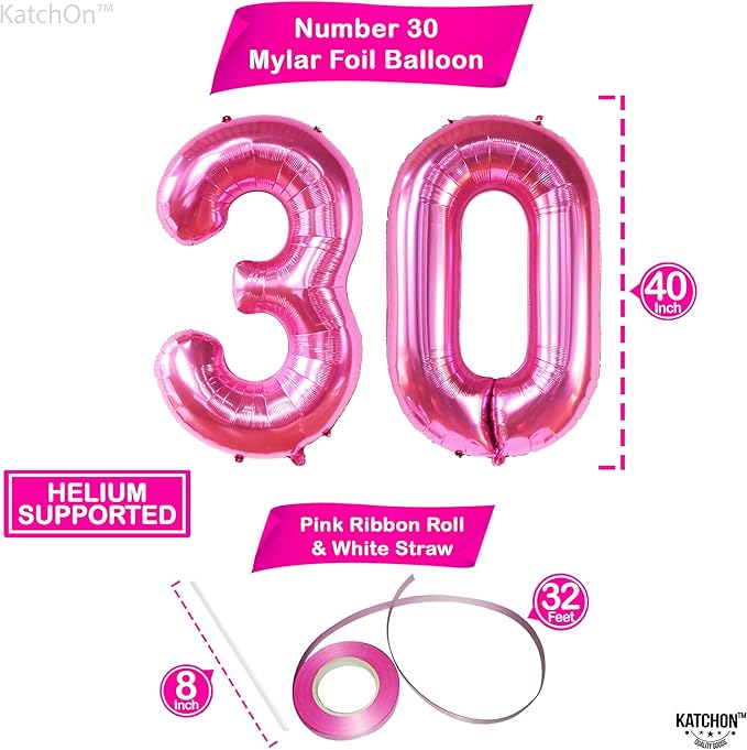 Katchon, Hot Pink 30 Balloon Numbers - Huge, 40 Inch | Foil Balloon for 30th Birthday Decorations for Women, Girls | Pink 30 balloon For Happy Anniversary Decorations
