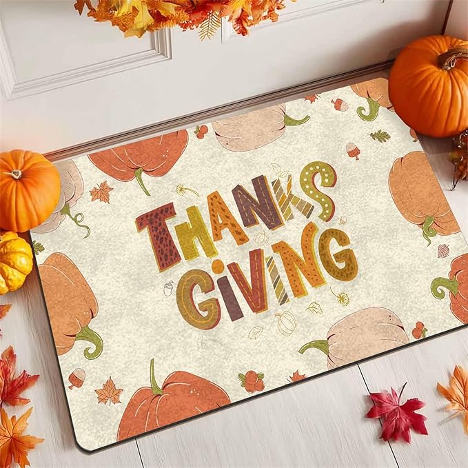 Fall Welcome Maple Leafs Decorative Door Mat, Autumn Thanksgiving Doormat for Indoor Outdoor Entrance Floor Mats,Fall Pumpkins Non Slip Harvest Vintage Decor Rubber Welcome Mats 30" x 18" Inch
