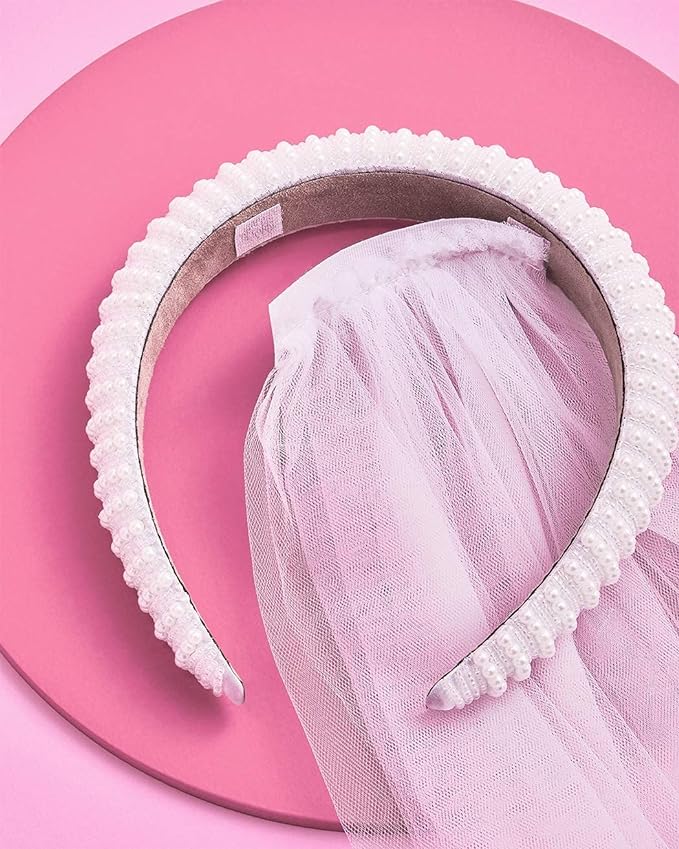 xo, Fetti Bachelorette Party Decorations Pearl Headband with Detachable Veil | White Headpiece Bridal Shower Gift, Bridesmaid Favors