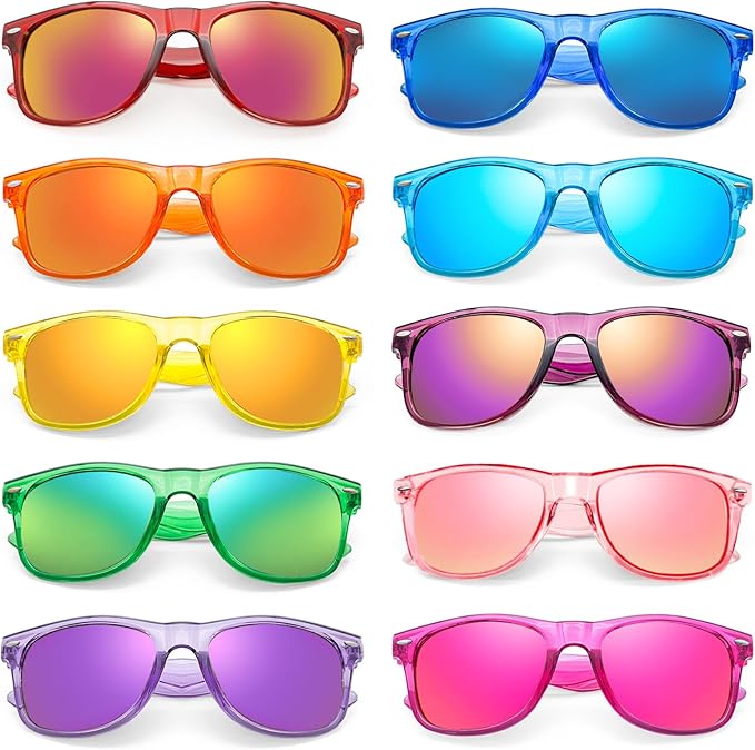 10/20 Pack Colored Sunglasses Mirrored Lens Bulk Party Glasses Classic Eyewear Birthday Beach Pool Unisex Adults