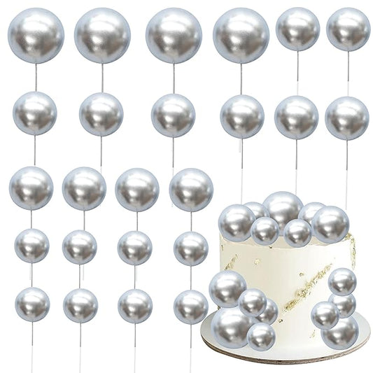 Gyufise 30Pcs Mini Balloon Cake Topper Foam Ball Cake Picks Cupcake Faux Pearl Balls DIY Cake Insert Topper Decoration for Anniversary Graduation Birthday Party Baby Shower Silver