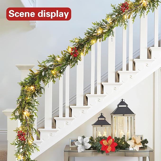 Flopttsu 6FT Prelit Christmas Pine Garland, Artifical Greenery Garland Realistic with Battery Operated Timer,Gold Vines for Mantle Staircase Fireplace Window Ourdoor
