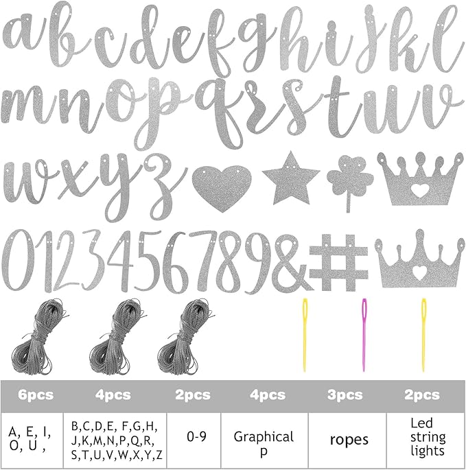TaoBary 167 Pcs DIY Banner Kit Happy Birthday Glitter Banner Customizable Glitter Make Your Own Kit 162 Letters Symbols and Numbers 3 Rope for Birthday Halloween Wedding Christmas(Silver)