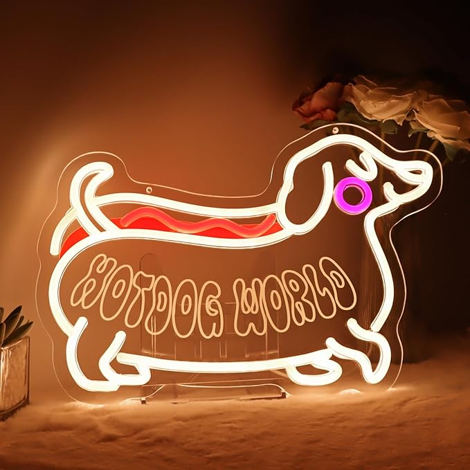 Hot dog World Neon Sign,Led Dog Neon Light Sign,Funny Dachshund Room Decor Sign,Hanging Neon Sign For Kids Room Bedroom Kitchen Cafe Restaurant Wall Decor