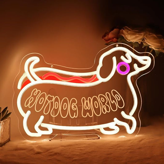 Hot dog World Neon Sign,Led Dog Neon Light Sign,Funny Dachshund Room Decor Sign,Hanging Neon Sign For Kids Room Bedroom Kitchen Cafe Restaurant Wall Decor