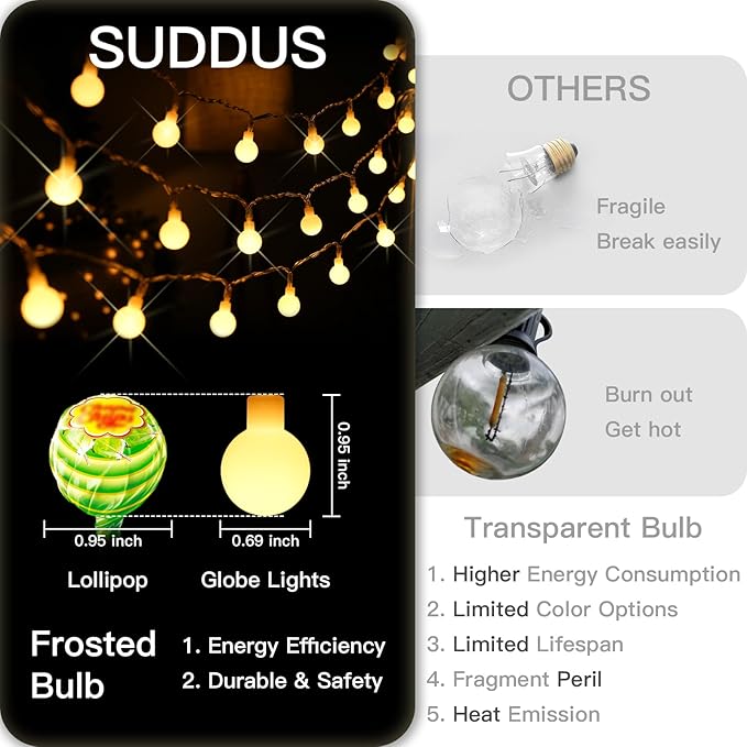 suddus Globe String Lights Battery Operated, 100 Led Battery Powered Fairy Lights, String Lights for Bedroom, Christmas Tree, Patio, Window, Party, Outside, Thanksgiving Decor, Warm White