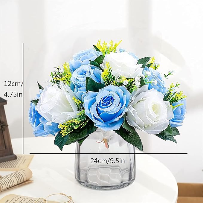 Artificial Flowers Rose Centerpieces, 6 Pcs Faux Flower Kissing Ball Fake Flower 15 Heads Plastic Roses with Base Perfect for Wedding Bouquets Party Table Decor for Flower Balls Wedding(Blue White)