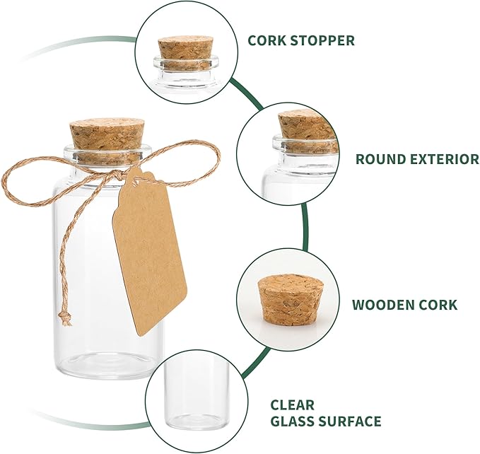100 Pack Mini Glass Bottles with Cork 10 ml Mini Glass Vials with Cork Stoppers with Label Tags and String for Crafts Decoration Wedding Party Favors