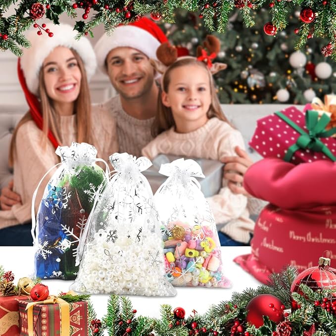 Christmas Organza Gift Bags 4x6 Silver Snowflake Mesh Bag Drawstring 50 Pcs Mesh Gift Bags Drawstring Xmas Favor Bags Jewelry Pouches Bulk Gift Pouch for Birthday Wedding Christmas Party Supplies