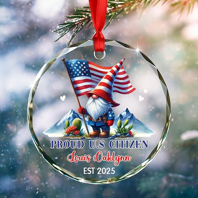 Proud U.S Citizen Gnome Christmas Ornament Decor 2025, Personalized Year & Name U.S Citizenship Xmas Ornament Gift for Grandpa Grandma Patriotic Holiday, Custom American Citizen Glass Decor Ornaments