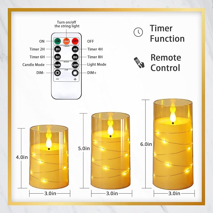 NURADA Flickering Flameless Candles: Built-in Star String Lights Acrylic Battery Operated LED Pillar Candles with Remote and Timer for Romantic Mood Home Decoration - 3 Pack Gold