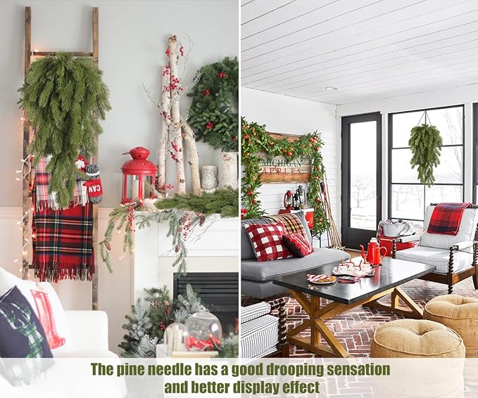 RECUTMS 2Pcs Artificial Christmas Teardrop Pine Needle Hanging Swag Artificial Pine Needle Branches Faux Winter Wreath Hanging Plants for Front Door Wall Home Christmas Decoration (Green)
