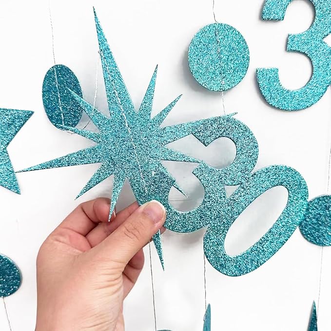 Teal Blue 30th Birthday Decorations Number 30 Circle Dot Star Garland Glitter Streamer Banner Backdrop for Women Men Dirty Thirty Cheers to 30 Years Old Birthday 30th Anniversary Party Supplies