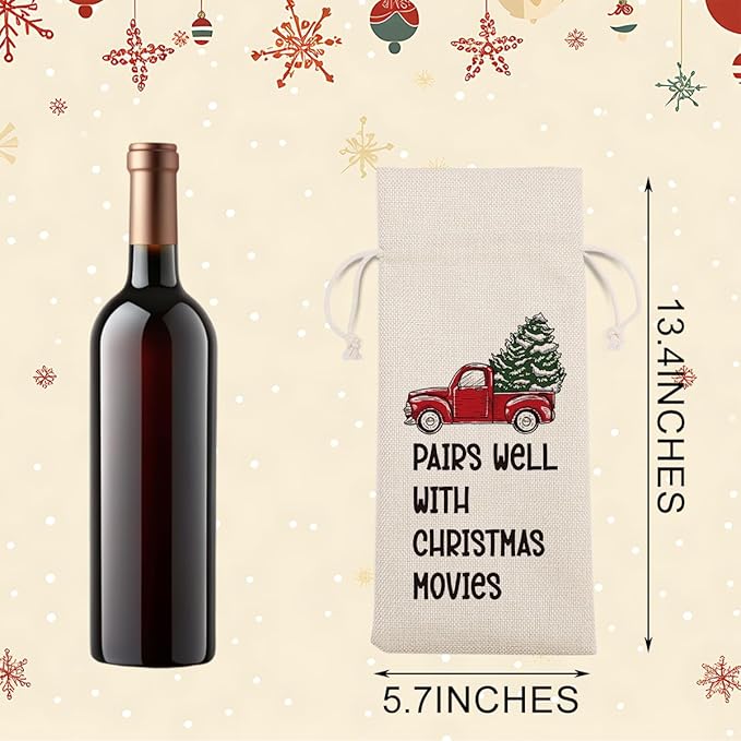 Funny Christmas Wine Bags for Wine Bottles Gifts Christmas Wine Bottle Cover Drawstring Gift Bags Pairs Well with Christmas Movies Burlap Wine Bag for Xmas Holiday Housewarming Party Decorations
