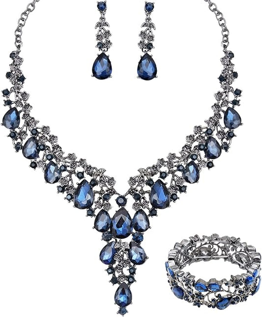 CSY Elegant Crystal Costume Jewelry Sets Flower Bridal Necklace Earrings Stretch Bangle Set for Bride Bridesmaid Wedding Dress Accessories