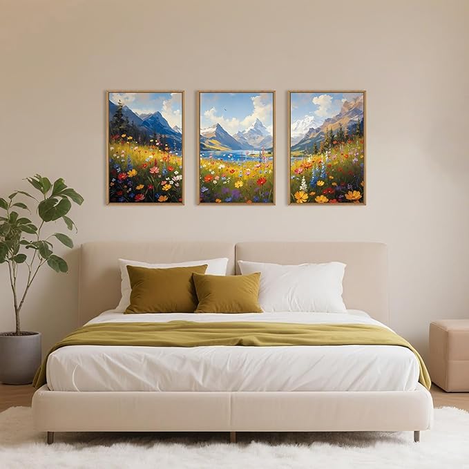 HOURIA Colorful Wildflower Mountain Framed Canvas Wall Art Set,Blue Sky Lake Green Tree Grass Wall Decor,Nature Flower Artwork,Field Scenery Art Prints for Living Room,Bedroom,Farmhouse-16 x24 x3