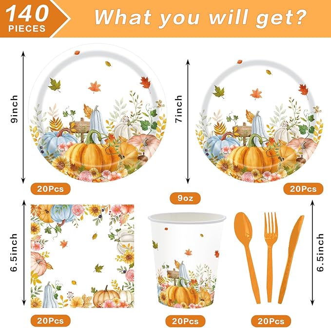 140 Pcs Thanksgiving Party Supplies, Plates and Napkins Set, Disposable Plates for Fall Harvest Autumn Fall Harvest Party Supply Thanksgiving Decor Serves 20