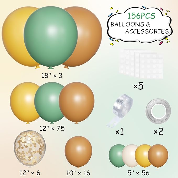 Brown Yellow Green White Balloon Arch Kit, 156Pcs Caramel Brown Mustard Yellow Sage Green White Sand Balloons Garland for Boho Safari Jungle Woodland Birthday Baby Shower Wedding