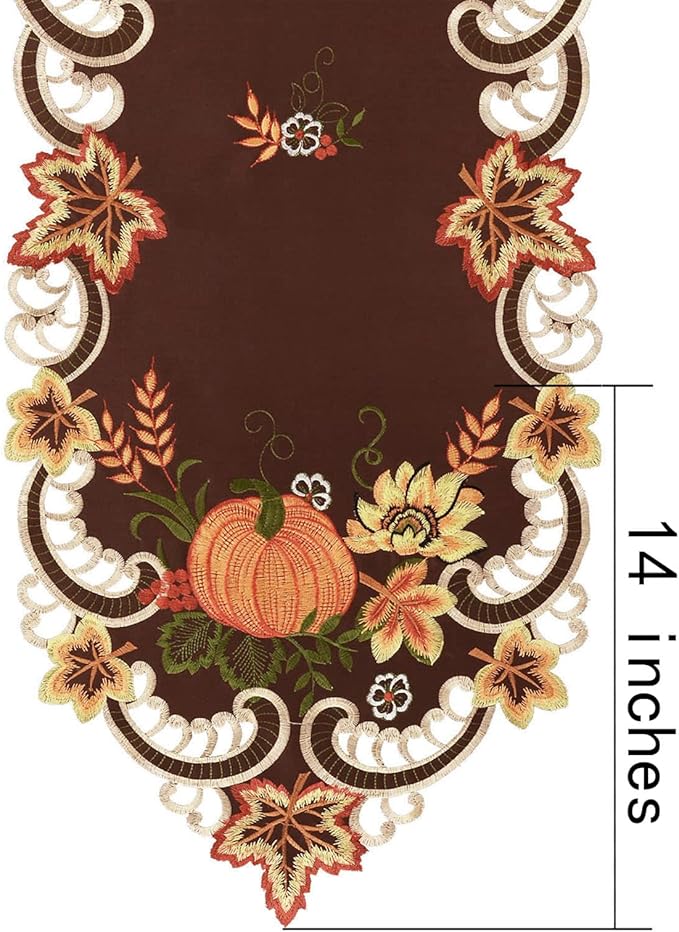 Simhomsen Brown Embroidered Thanksgiving Harvest Pumpkins Table Runners for Autumn Or Fall Decorations (14 × 69 Inches)