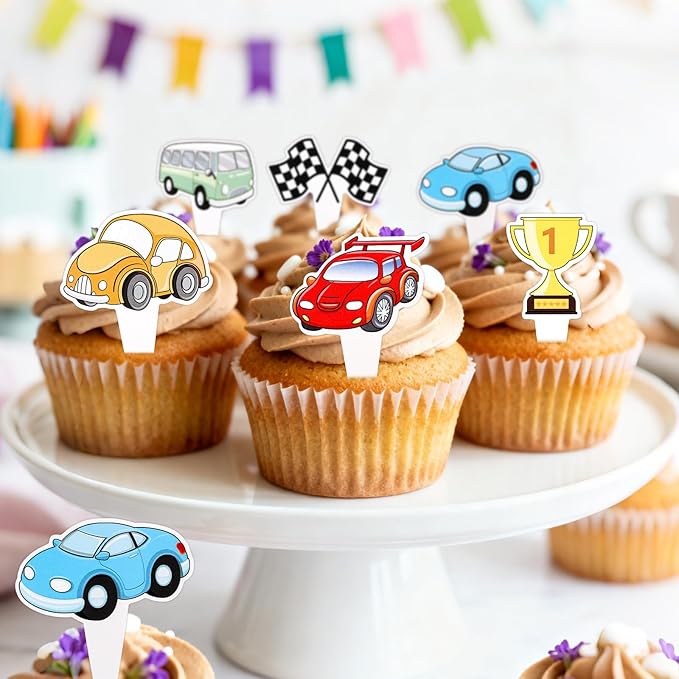 24pcs Car Cupcake Toppers, Race Car Birthday Party Supplies Black White Checkered Flag Cake Decorations Racing Theme Party Favors for Boys Kids