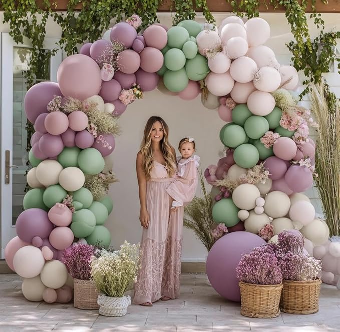 Dusty Green Purple Balloon Garland Double Stuffed Pastel Green Lavender Pink White Sand Balloon Arch Kit Light Lilac Cream Balloons for Baby Shower Birthday Wedding Flower Fairy Party Decor