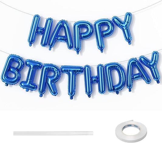 Happy Birthday Balloons Letters Banner, Blue Happy Birthday Bunting Balloon, 16 Inch Self Inflating Birthday Mylar Foil Balloons Banner with Ribbon for Boys Men Birthday Party Decorations Supplies