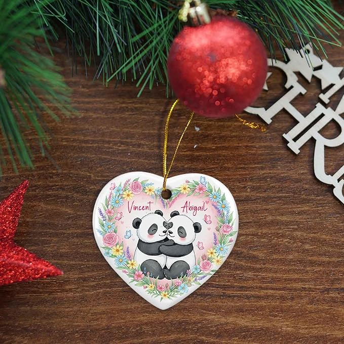 Personalized Panda Couple Ceramic Ornament Xmas, Red Panda Engaged Ornament for Christmas Tree, Engagement Anniversary Keepsake Gift, Custom Names Cute Pandas Bear 1St Xmas Together Ornaments