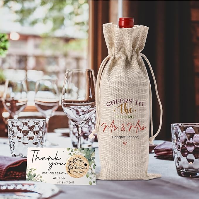 FBCCZEY Wedding Shower Gifts Wine Bag Bridal Shower Wedding Party Favors Gifts Mr And Mrs Cheers To The Future Wine Bottle Bag with Thank You Card And Stopper