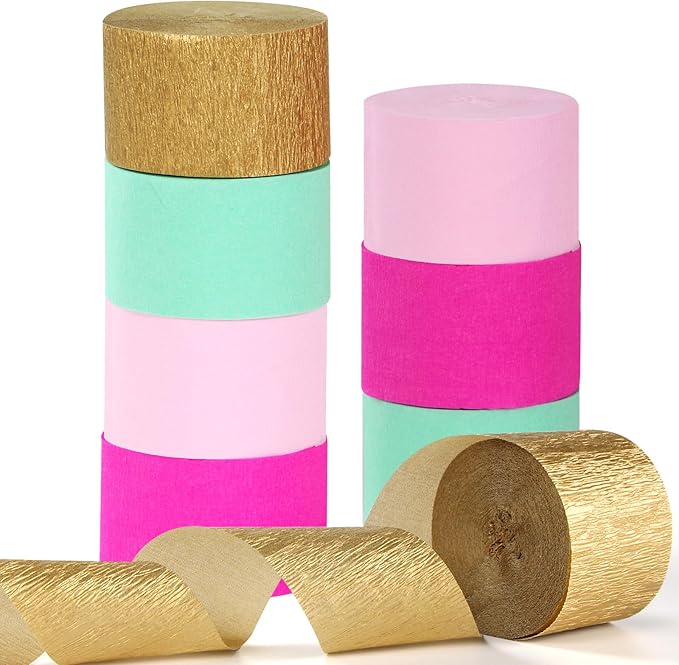 Mint-Blush Hot-Pink Gold Party-Decorations Streamers - 8 Rolls Birthday Baby Bridal Shower Wedding Crepe Tissue Paper Streamer,Bachelorette Engagement Garland Decor Panduola