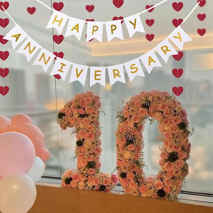 Happy Anniversary Banner Balloons Wedding Love Party and Background Indoor Outdoor Decorations (Red Heart)