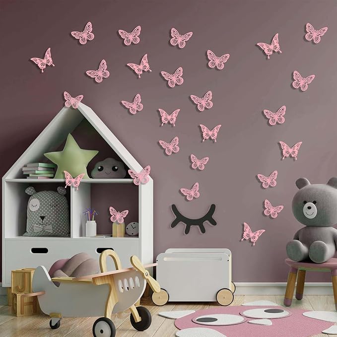 Pink Butterfly Decorations, 48Pcs 2 Styles 3 Sizes Butterflies for Cake Cupcake Toppers, 3D Paper Sticker for Bouquets Birthday Baby Shower Kids Girl Room Wall Nursery Grad Graduation Caps Decor