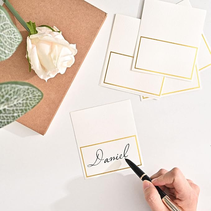 100 Pack Place Cards for Table Setting with Gold Foil Border Table Tent Cards for Seating Perfect for Weddings, Dinner Parties, Banquets 2” x 3.5”