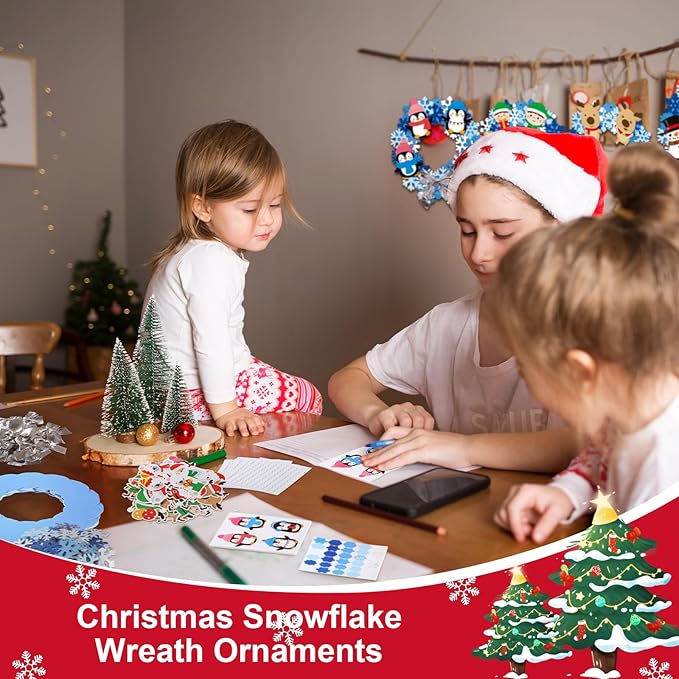 Yexiya 36 Pack Winter Wreath Craft Kits for Kids DIY Christmas Snowflake Wreath Hanging Ornaments Blue White Make Your Own Snowman Santa for Winter Xmas Party Favors Activities Decoration