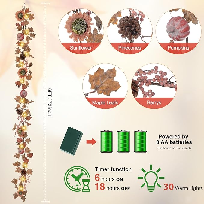 Artgar Fall Sunflower Garland - 6 Ft Fall Garland with 30 Warm Lights with Pumpkin Pinecone Berry for Thanksgiving Harvest Halloween Mantel Table Porch Railing Indoor Outdoor Decor